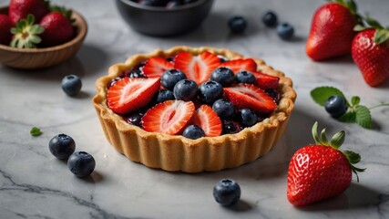 A delicious fruit tart topped with strawberries and blueberries, set on a marble surface.