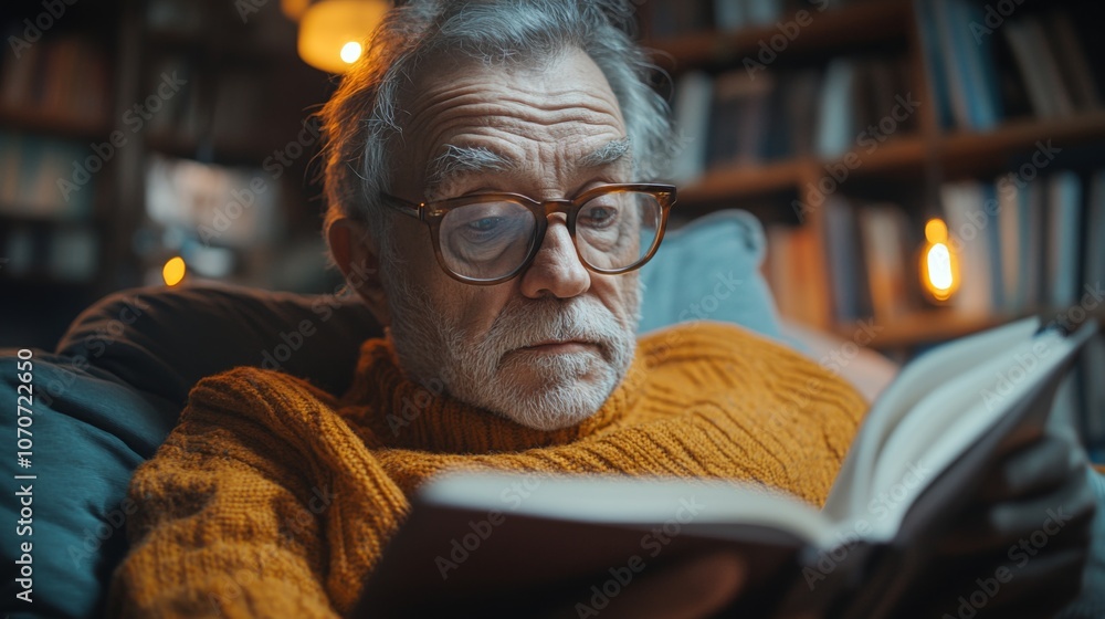 Aufkleber an older gentleman in an orange sweater sits comfortably on a couch, engrossed in a book. surroundin