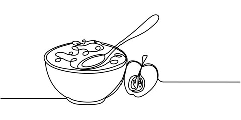 Single continuous line drawing of stylized bowl of cereal breakfast with fresh milk. Healthy whole wheat food concept. Cereal bowl in one line drawing. Breakfast with milk, healthy food concept.