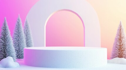 A serene winter scene featuring a circular podium framed by frosty trees against a soft pink gradient background.