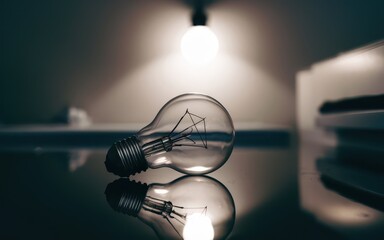 Close-up of a classic light bulb, an unlit incandescent light bulb on a table as a symbol of a power supply problem, with an electric light bulb burning in the background