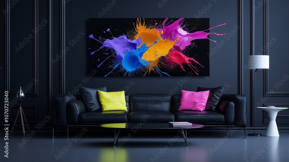 Poster colorful abstract splashes on matte black canvas