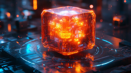 glowing cube with intricate data patterns and circuit lines floating against a dark background, symbolizing advanced technology, data processing, and the digital world
