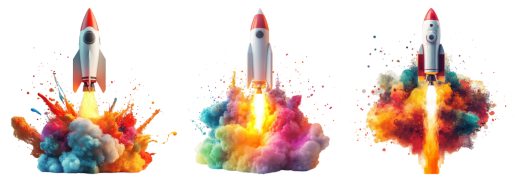 Colorful Rocket Launch with Explosive Background Effects