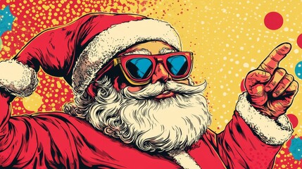 a vibrant pop art-inspired featuring bold graphic depictions of Santa and holiday decorations with high contrast colors and halftone dots