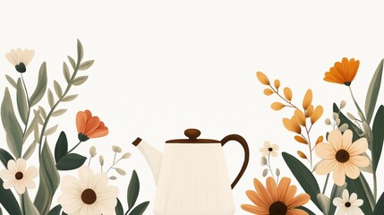 Charming illustrated kettle on floral farewell card design for posters and prints