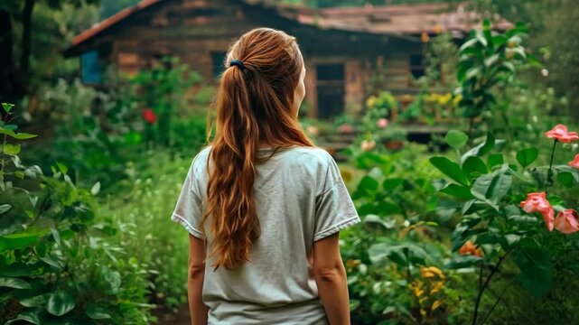 Young woman with long hair exploring lush greenery and rustic wooden cabin in nature