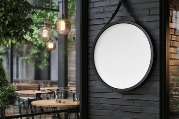 Blank white circle hanging sign mockup on the side of an outdoor cafe, round frame,