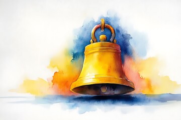 A vibrant watercolor painting of a golden bell against a colorful background.