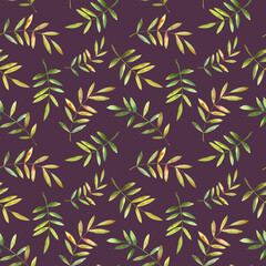 Colorful falling autumn leaves. Hand drawn watercolor illustration, seamless pattern on Italian plum background. For design, textile, paper and much more