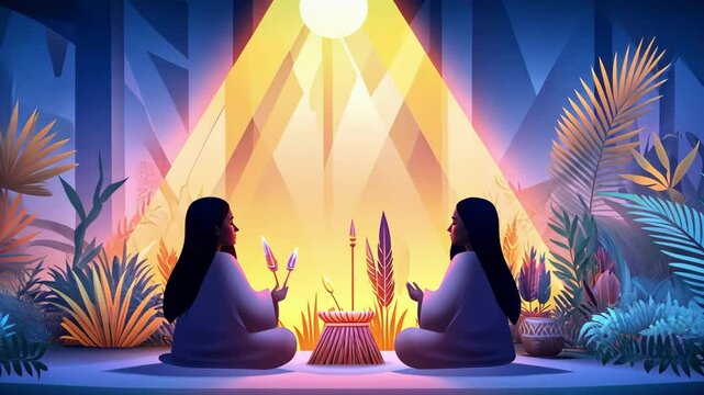 Mystical jungle ritual: two figures meditate under glowing triangle at dawn