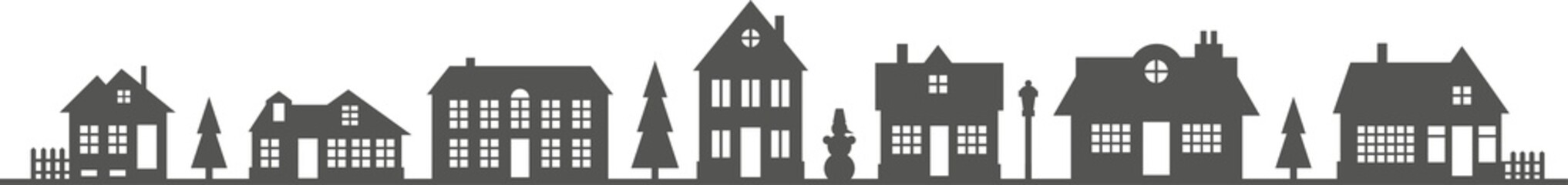 Town and village houses on skyline. Silhouette of small buildings in neighborhood. Christmas rural simple drawing. Winter country landscape with trees in night.