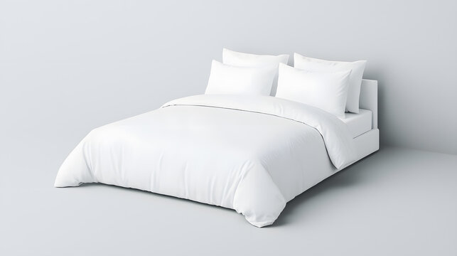 Modern double bed mock up with pillows and blanket on isolated white background.