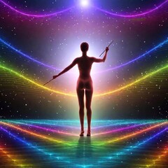 Naklejka premium an ethereal figure, composed of shimmering sound waves and holding a conductor's baton, leading an orchestra of fantastical creatures playing classical instruments, (sound made visible:1.7), (symphony