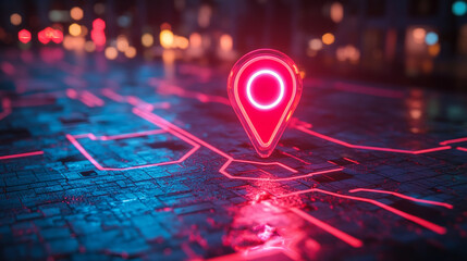 glowing location pin on an interactive digital map, symbolizing precision, connectivity, and navigation in modern technology. The vibrant display highlights data-driven exploration and spatial awarene