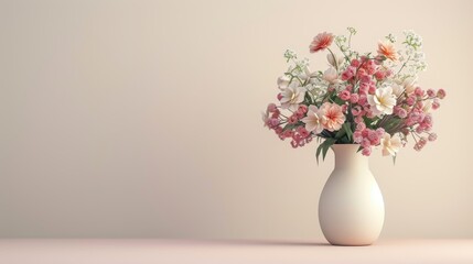 Naklejka premium 3D render of a delicate flower vase with pastel blooms, set against a pale background, capturing soft and serene tones