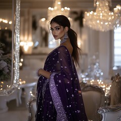 Elegant woman in a dark purple sari poses gracefully in a lavishly decorated room adorned with chandeliers and soft lighting