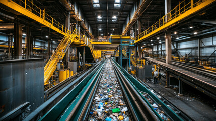 Recycling plant with conveyor belts and sorting stations, workers ensuring that materials are properly separated for reuse