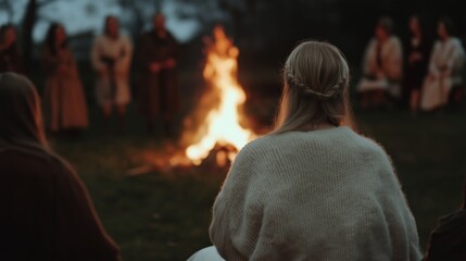 Cozy gathering: people sharing stories around a bonfire at dusk