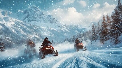 A thrilling snowmobile tour through a snowy mountain landscape, with adventurers dressed in warm gear.