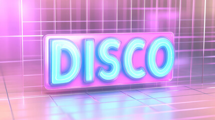 Neon sign with glowing word disco in retro styled room interior