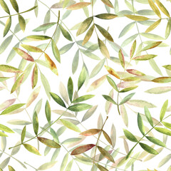 Colorful falling autumn leaves. Hand drawn watercolor illustration, seamless pattern on white background. For design, textile, paper, printing, souvenirs