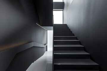 A sleek, all-black staircase with matte finish steps and railings, contrasting with white walls