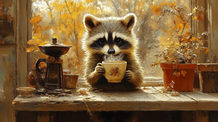 Charming raccoon holding a coffee cup by a sunlit window adorned with autumn foliage, perfect for cozy home decor, wall art, and seasonal wallpaper design.