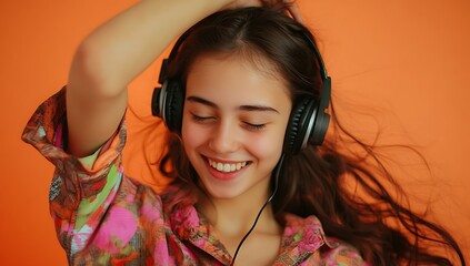 Happy young Russian girl enjoying music while dancing in front of a bright orange background during a vibrant indoor setting