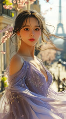 Elegant young woman in a flowing purple dress with the Eiffel Tower in the background, perfect for wall art, fashion posters, and romantic decor inspiration.