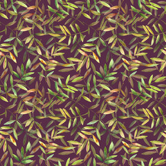 Colorful falling autumn leaves. Hand drawn watercolor illustration, seamless pattern on Italian plum background. For design, textile, paper and much more