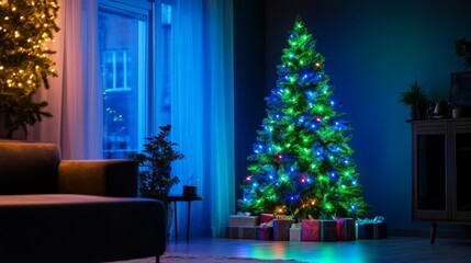 Christmas Tree with Colorful Lights in a Cozy Living Room.