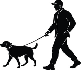 man walking with dog silhouette  vector illustration black and white