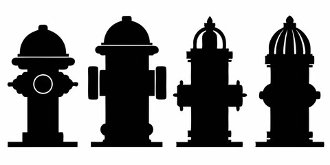 Set of fire hydrant icons. Fire hydrant black silhouette vector illustration