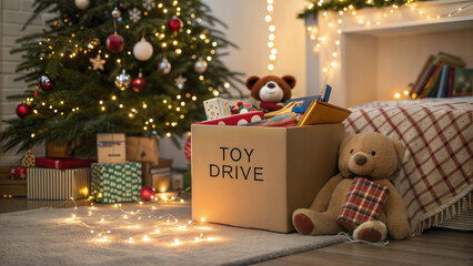 Toy drive donation box filled with plush toys and gifts beside decorated tree in cozy holiday setting
