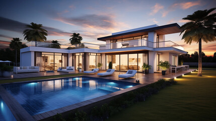 Newly Built Beautiful House With a Swimming Pool at Sunset or Sunrise