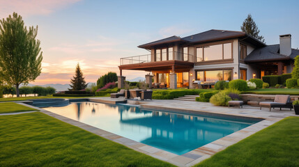 Obraz premium Newly Built Beautiful House With a Swimming Pool at Sunset or Sunrise
