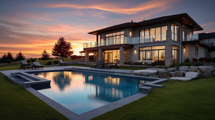 Newly Built Beautiful House With a Swimming Pool at Sunset or Sunrise