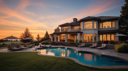 Fototapeta premium Newly Built Beautiful House With a Swimming Pool at Sunset or Sunrise