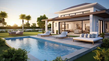Fototapeta premium Newly Built Beautiful House With a Swimming Pool at Sunset or Sunrise