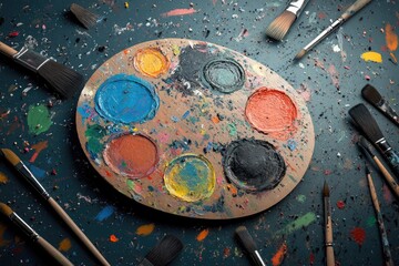 An artistic scene featuring a palette with various paint colors, surrounded by brushes, charcoal pencils, and scattered ink splatters.