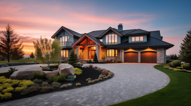 Newly Built Beautiful House At Sunset With a Large Roundabout Driveway