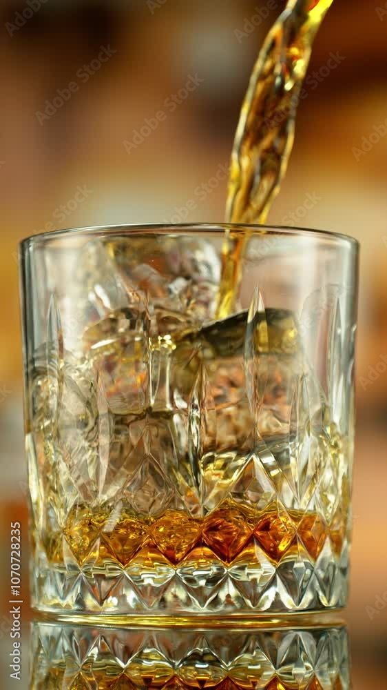 Poster super slow motion of pouring whiskey into glass. filmed on high speed cinema camera, 1000 fps. bar o