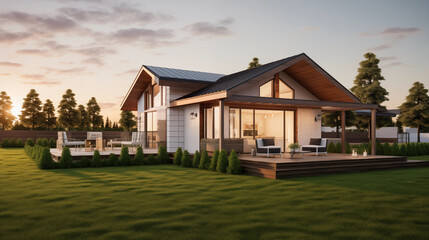 Newly Built Beautiful House At Sunset