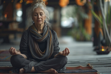 Fototapeta premium person sitting on the ground, doing yoga . wellness and selfcare, mindfulness. still Ife. woman makes yoga, sitting in yoga pose, relaxing. AI Generated