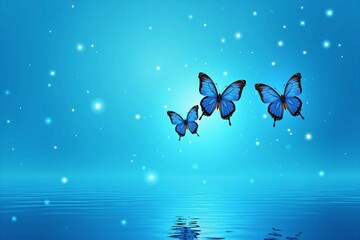 Magical Blue Butterflies with Sparkling Light and Rippled Water Reflection for an Enchanting Background Design