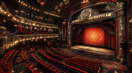Stunning vintage theater interior featuring a vibrant red stage backdrop, perfect for event promotion, wallpaper, or artistic wall decor highlighting cultural performances.