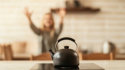 Family farewell gesture to teapot on stove - joyful, humorous kitchen moment