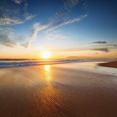Obraz premium sunrise on the beach with sand and sky beautiful background