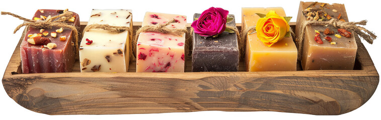 Artisanal Handmade Soap Bars on Rustic Wooden Tray with Floral Decoration - Isolated on White